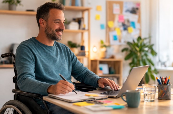 Man in rolstoel die aan laptop werkt